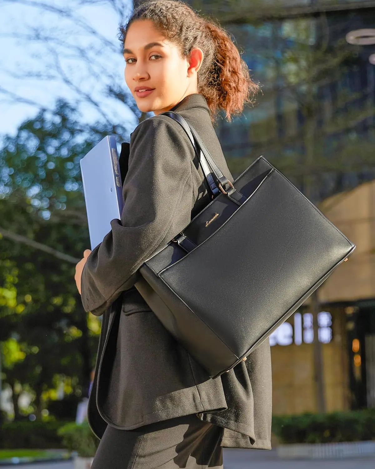 LOVEVOOK Laptop Bag Tote Bag for Women, Work Bags Teacher Tote Bag, Waterproof Leather Computer Bag, Business Laptop Purse Office Handbag Professional Briefcase, 15.6 Inch, Black