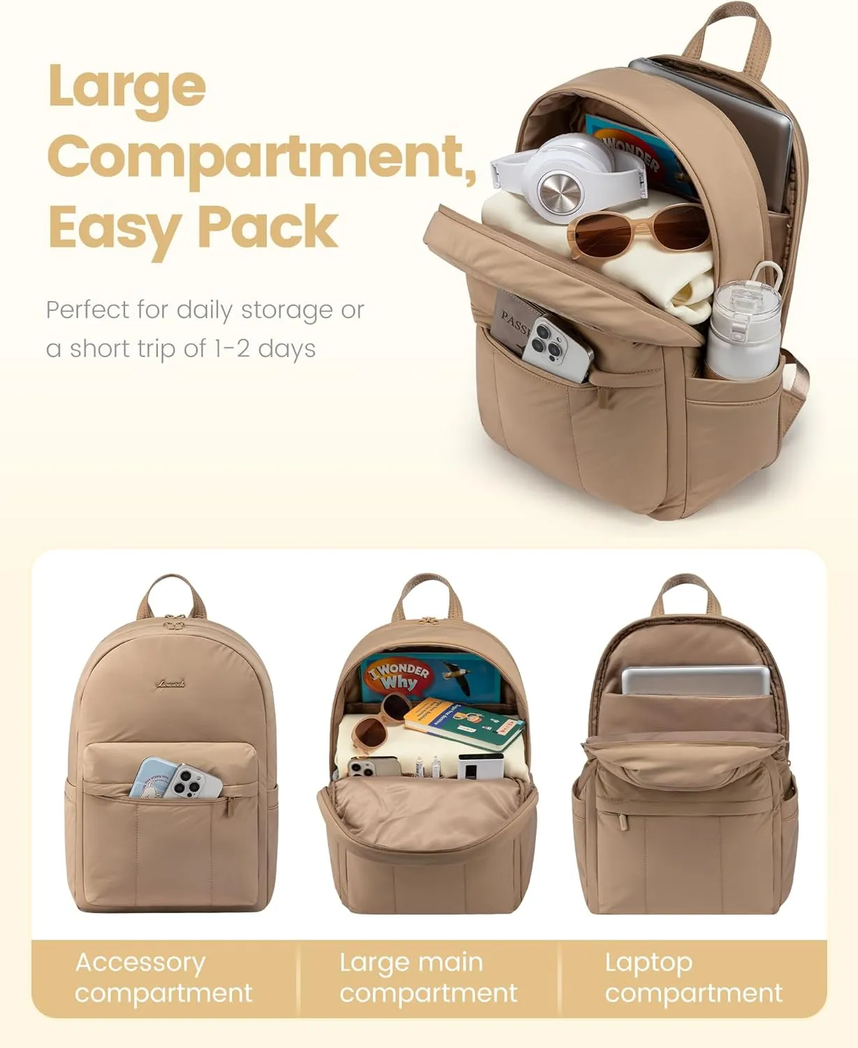 LOVEVOOK Puffy Backpack for Women Travel Work, Lightweight Quilted Laptop Backpack Purse, Cute Bookbag Teacher Nurse Laptop Bag Large Computer Backpack, Waterproof Casual Daypack, 17.3 Inch, Khaki