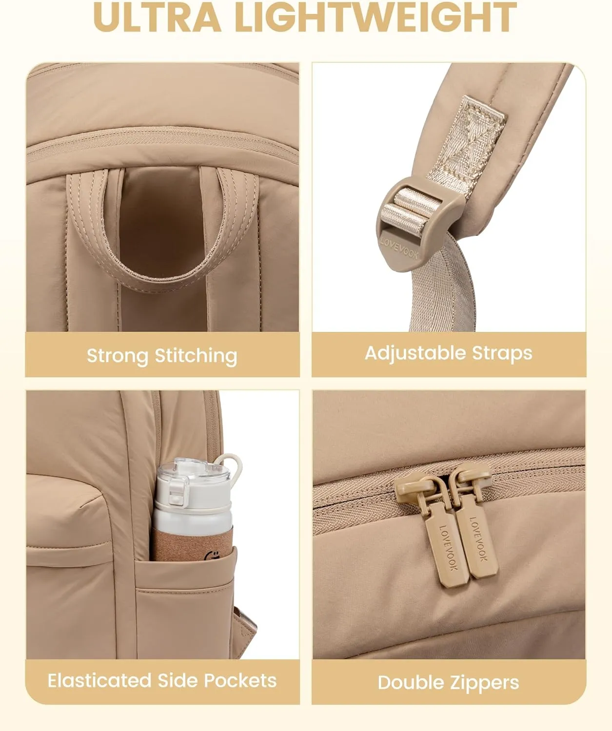 LOVEVOOK Puffy Backpack for Women Travel Work, Lightweight Quilted Laptop Backpack Purse, Cute Bookbag Teacher Nurse Laptop Bag Large Computer Backpack, Waterproof Casual Daypack, 17.3 Inch, Khaki