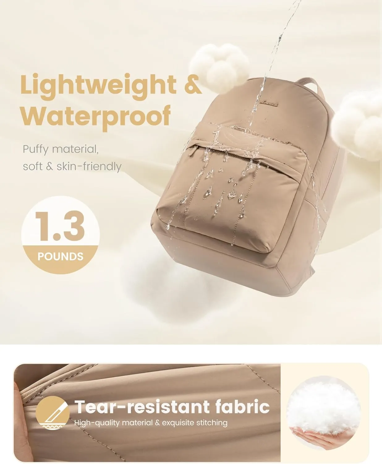 LOVEVOOK Puffy Backpack for Women Travel Work, Lightweight Quilted Laptop Backpack Purse, Cute Bookbag Teacher Nurse Laptop Bag Large Computer Backpack, Waterproof Casual Daypack, 17.3 Inch, Khaki