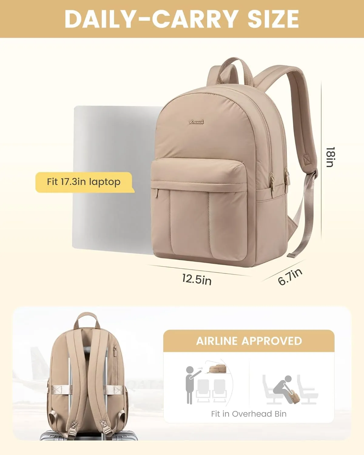 LOVEVOOK Puffy Backpack for Women Travel Work, Lightweight Quilted Laptop Backpack Purse, Cute Bookbag Teacher Nurse Laptop Bag Large Computer Backpack, Waterproof Casual Daypack, 17.3 Inch, Khaki