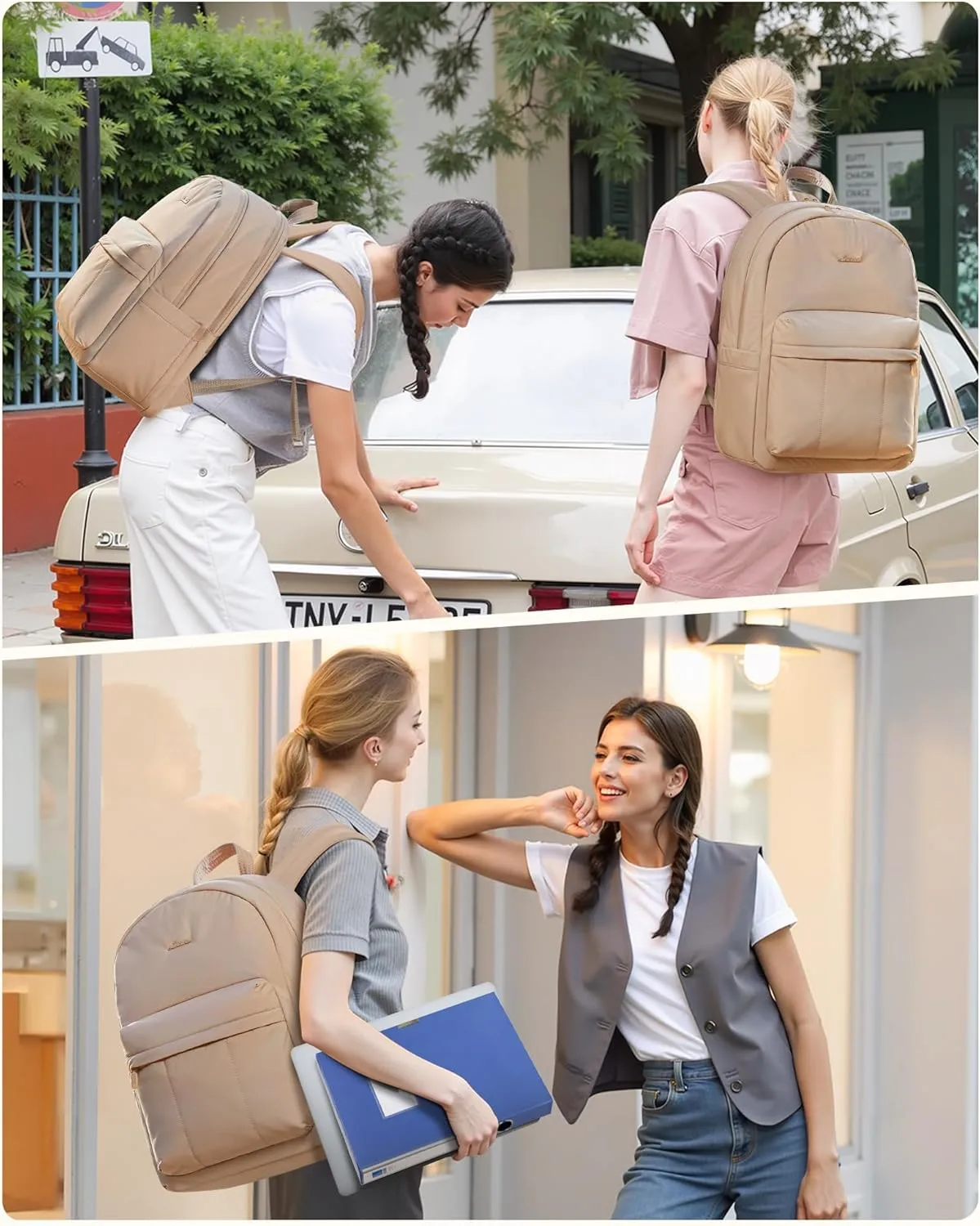 LOVEVOOK Puffy Backpack for Women Travel Work, Lightweight Quilted Laptop Backpack Purse, Cute Bookbag Teacher Nurse Laptop Bag Large Computer Backpack, Waterproof Casual Daypack, 17.3 Inch, Khaki