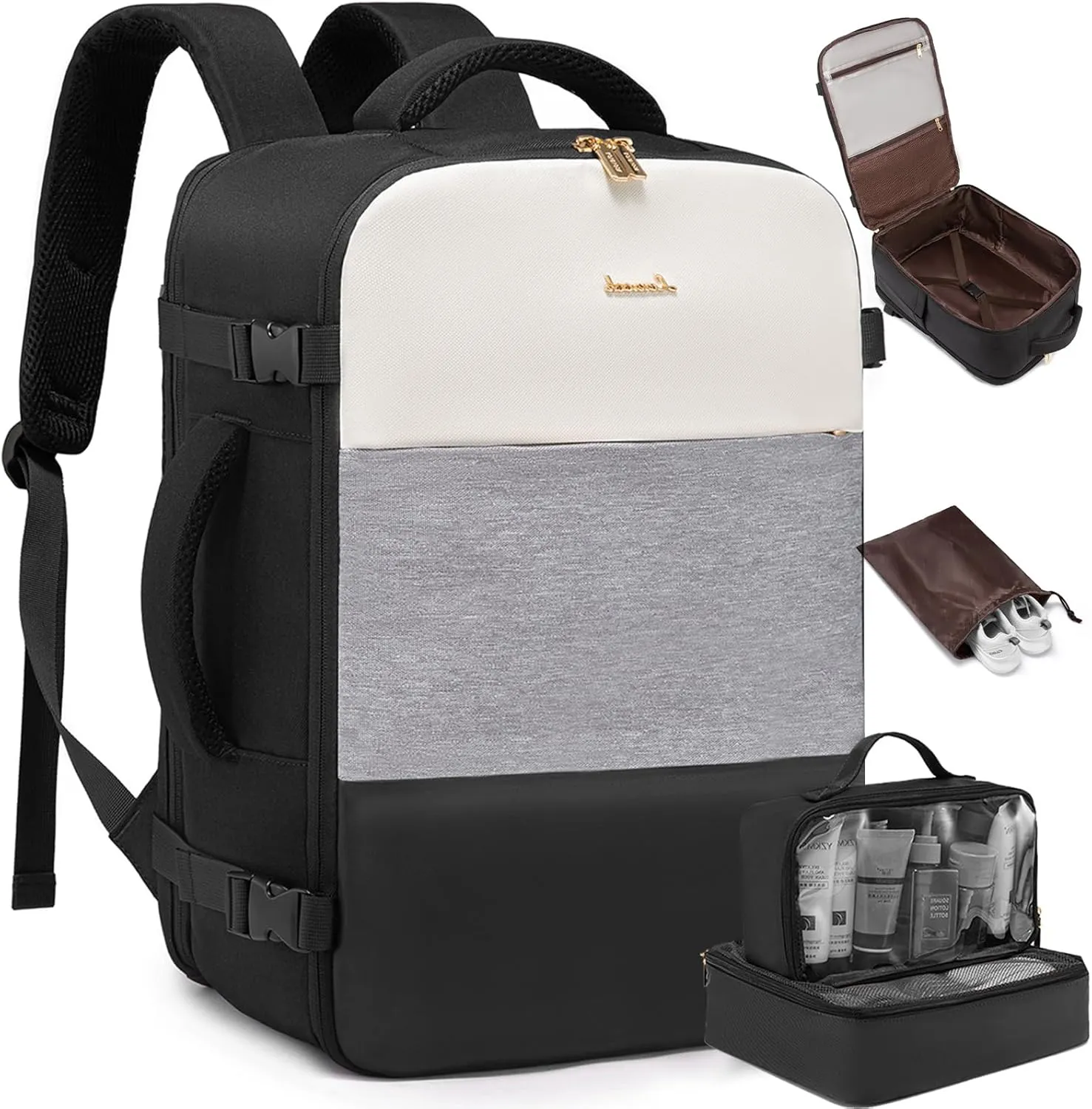 LOVEVOOK Travel Backpack for Women, Carry On Backpack Flight Approved with 3 Packing Cubes,TSA Personal Item Travel Bag Fits 15.6” Laptop,Weekender Hiking Business Luggage Daypack Beige Grey Black