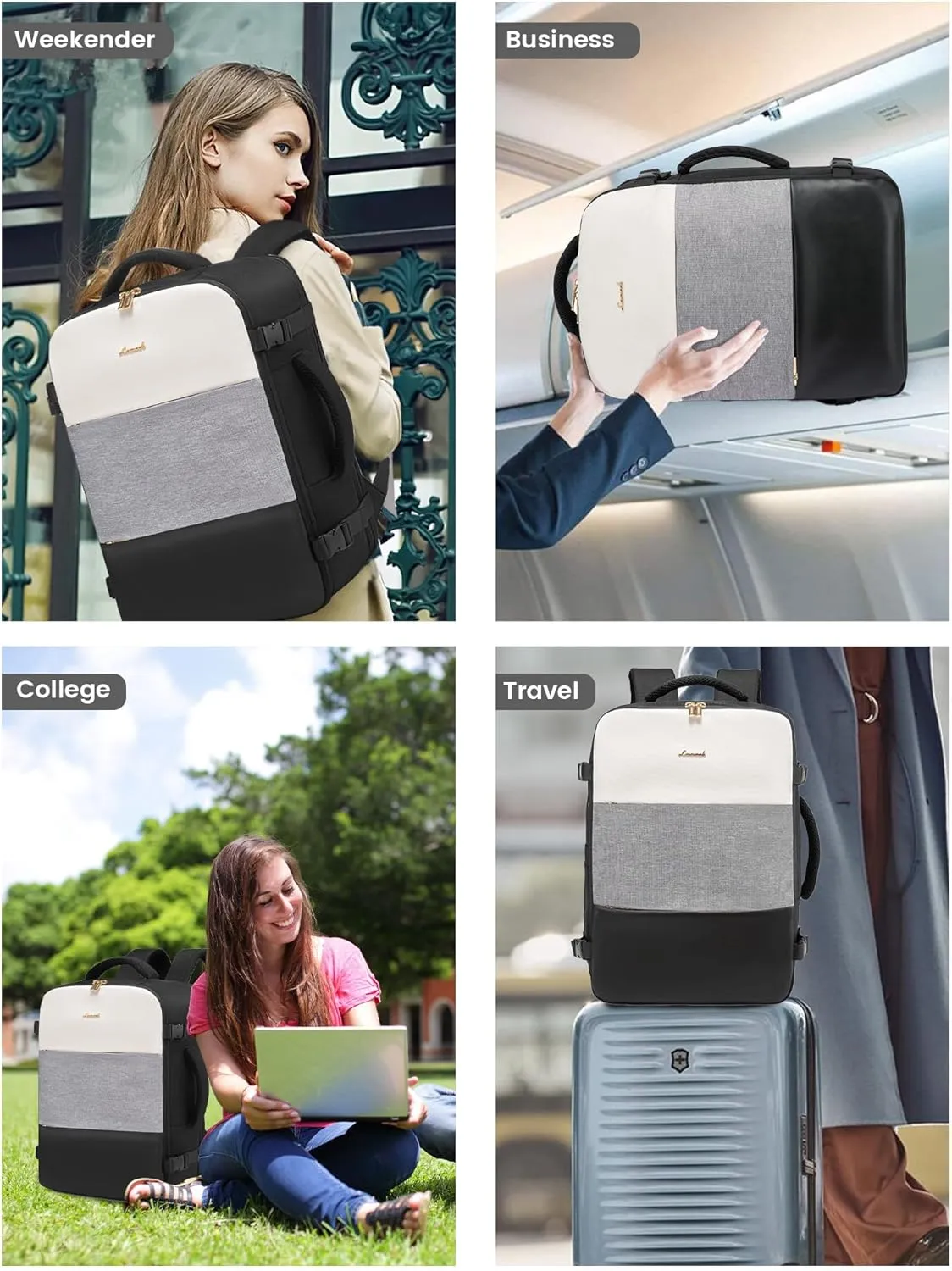 LOVEVOOK Travel Backpack for Women, Carry On Backpack Flight Approved with 3 Packing Cubes,TSA Personal Item Travel Bag Fits 15.6” Laptop,Weekender Hiking Business Luggage Daypack Beige Grey Black