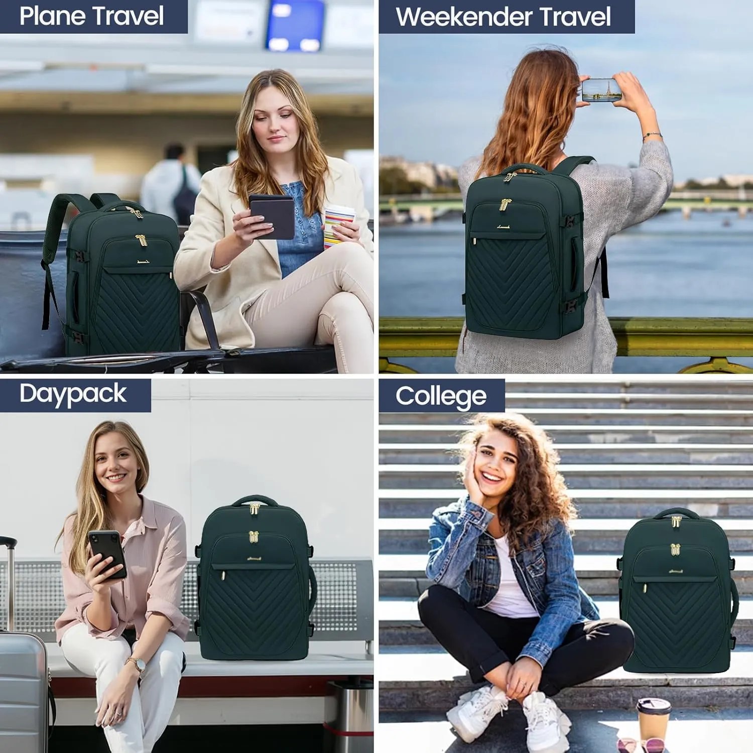 LOVEVOOK Travel Backpack for Women, TSA Personal Item Travel Bag fits 17.3" Laptop, Carry On Backpack for Weekender Business Hiking, Dark Green