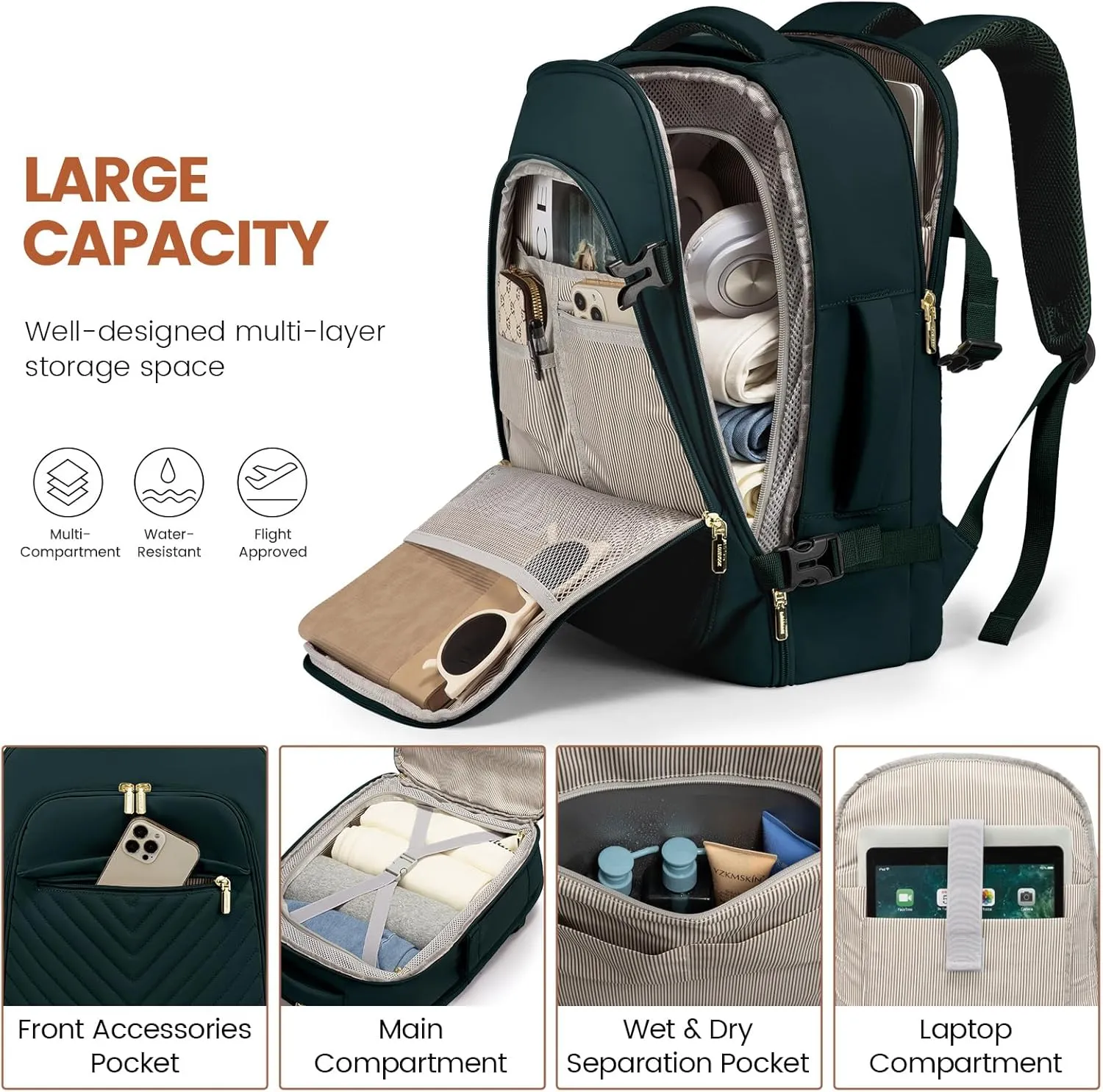 LOVEVOOK Travel Backpack for Women, TSA Personal Item Travel Bag fits 17.3" Laptop, Carry On Backpack for Weekender Business Hiking, Dark Green