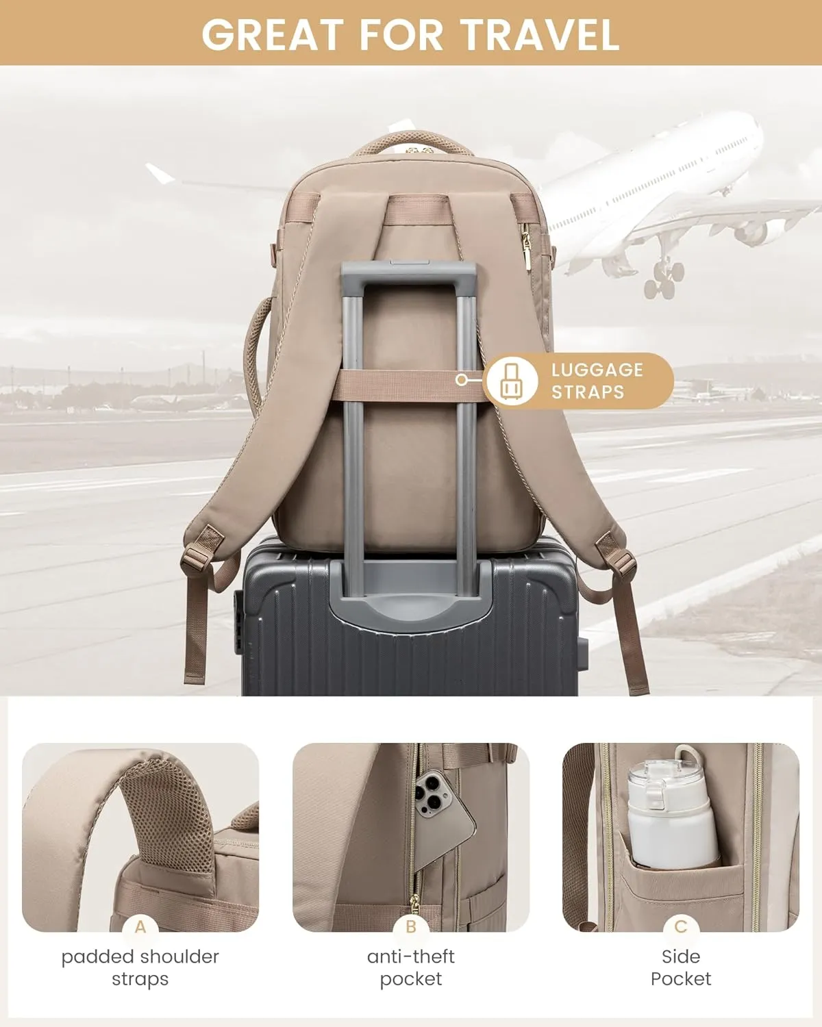 LOVEVOOK Travel Essentials Carry on Backpack 40L Travels Backpack for Women,Waterproof TSA Personal Item Travels Bag Airline Flight Approved,Large Carry on Luggage Laptop Backpack with Packing Cubes