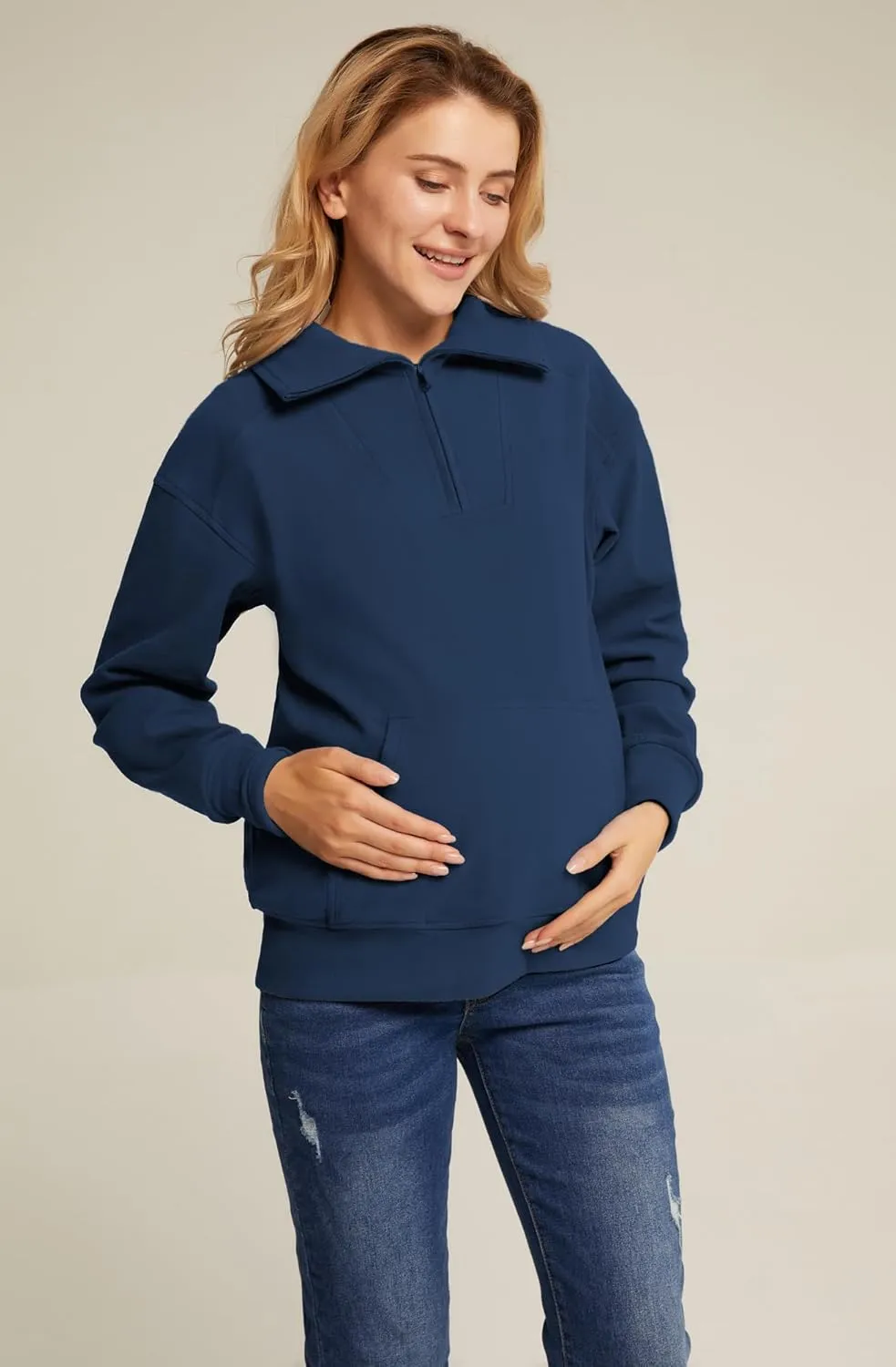 Maacie Maternity Sweatshirts Lapel Half Zip Thermal Fleece Pullover with Thumbholes & Kangaroo Pocket