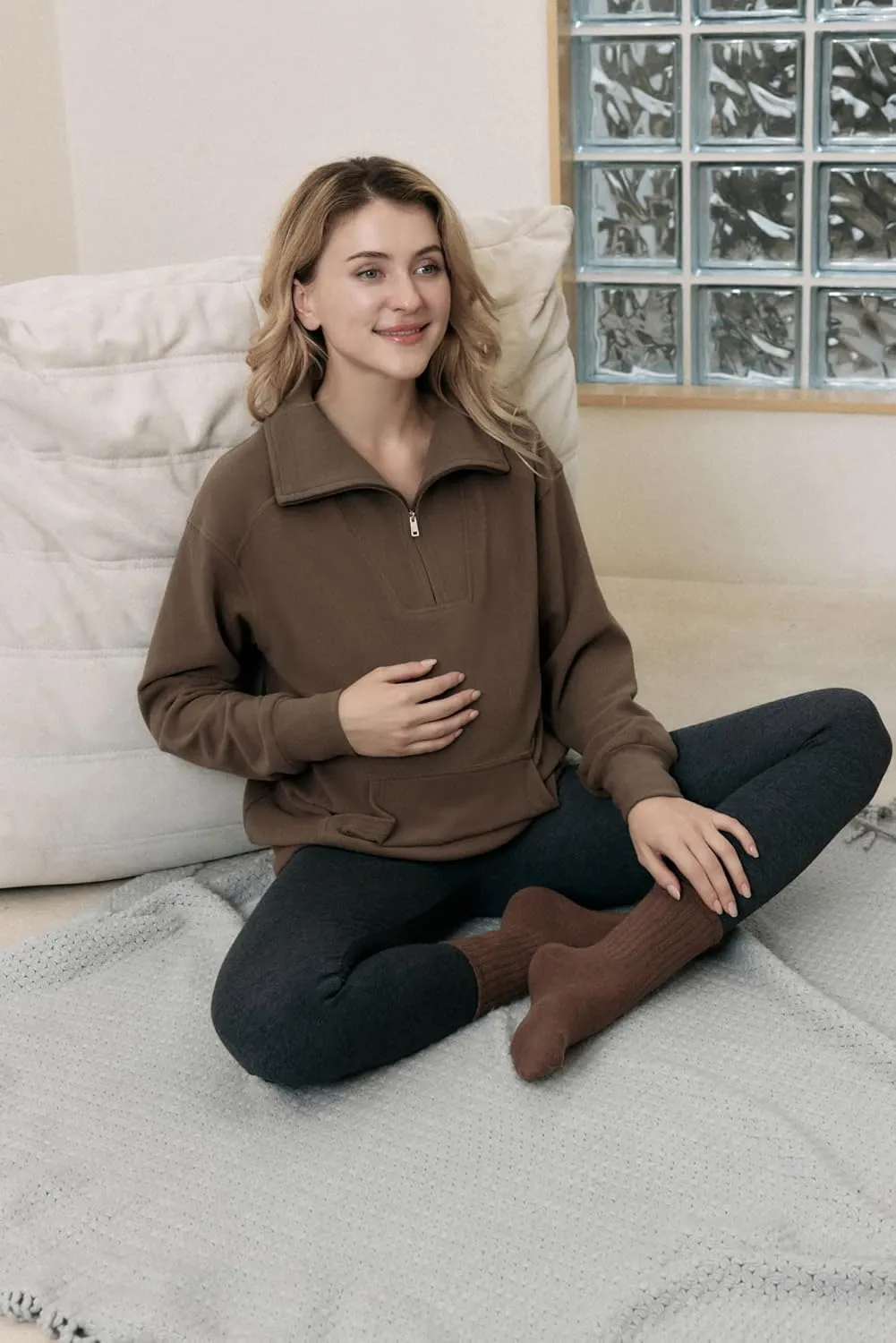 Maacie Maternity Sweatshirts Lapel Half Zip Thermal Fleece Pullover with Thumbholes & Kangaroo Pocket