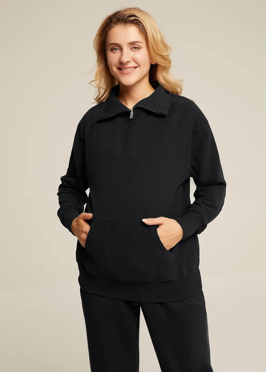 Maacie Maternity Sweatshirts Lapel Half Zip Thermal Fleece Pullover with Thumbholes & Kangaroo Pocket