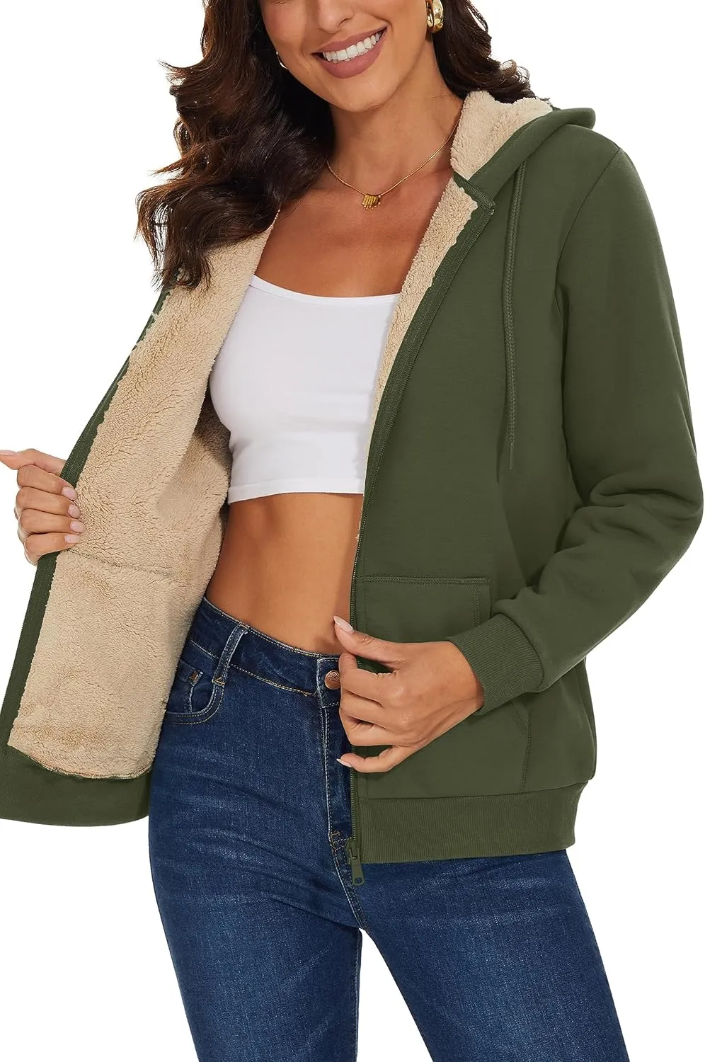 MAGCOMSEN Womens Zip Up Hoodies Sherpa Lined Fleece Thermal Jacket Full Zip Winter Warm Casual Thick Coats Pockets