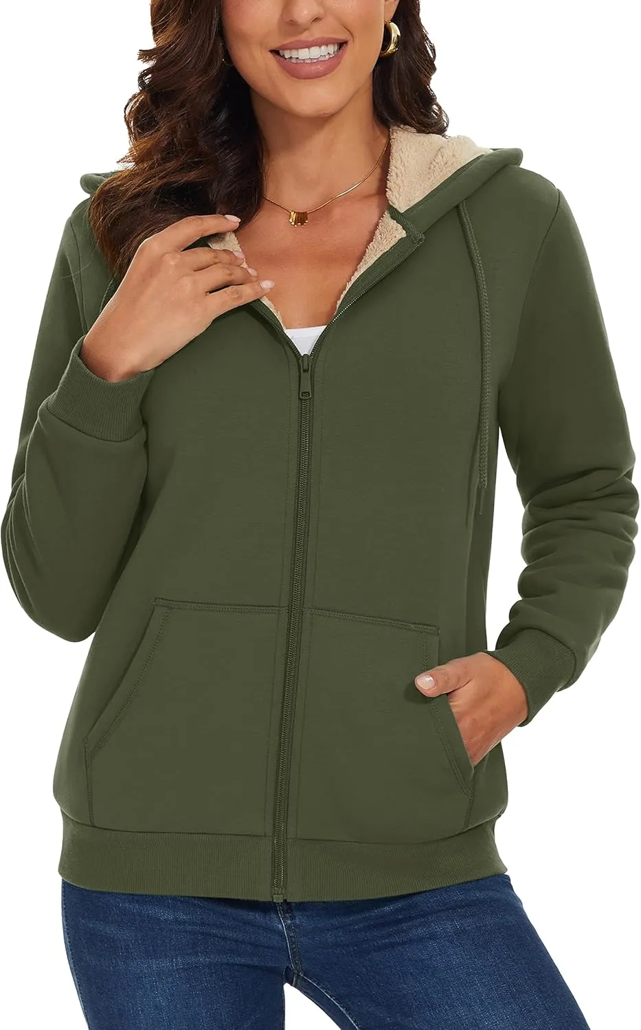 MAGCOMSEN Womens Zip Up Hoodies Sherpa Lined Fleece Thermal Jacket Full Zip Winter Warm Casual Thick Coats Pockets