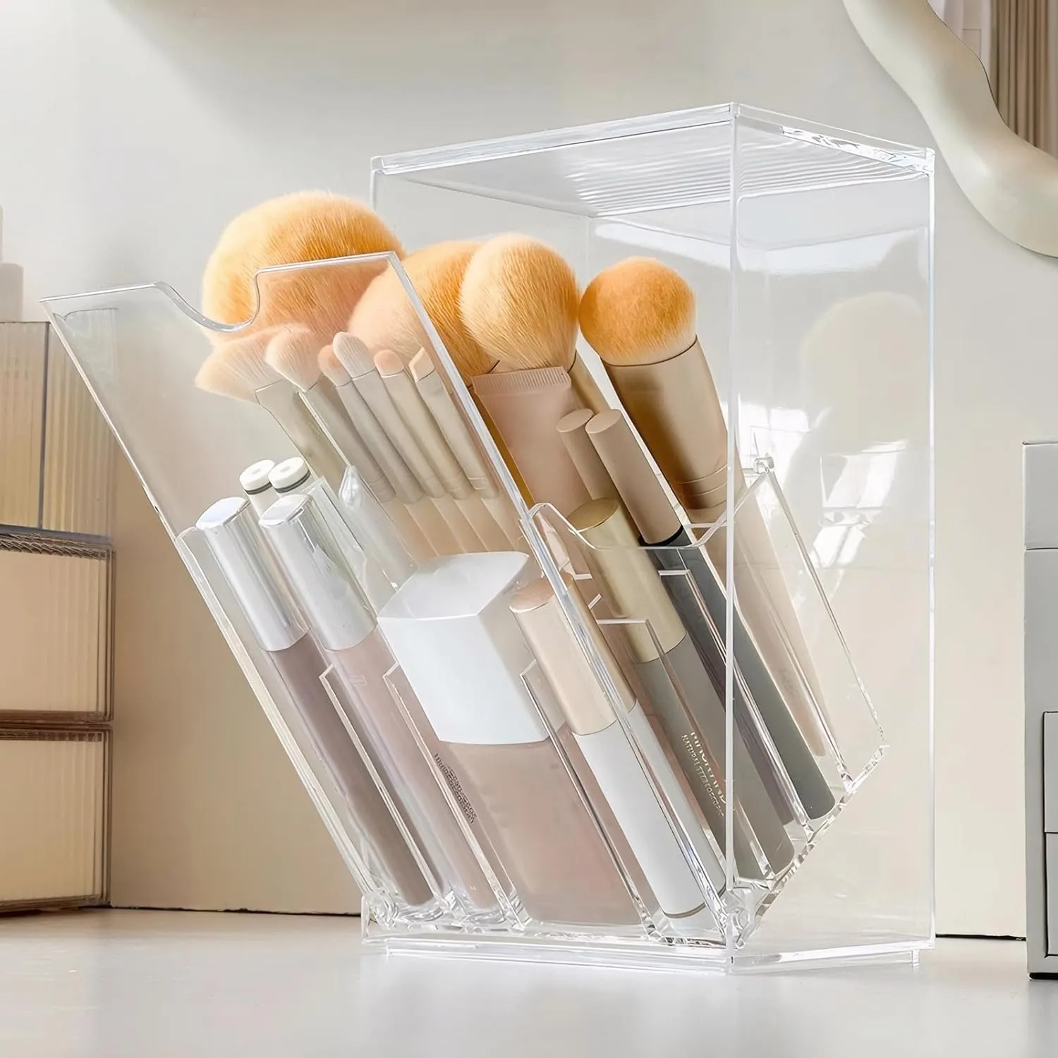 Makeup Brush Holder Organizer with Lid, Acrylic Dustproof Makeup Brush Storage Box, Cosmetic Make Up Brush Container for Vanity, Bathroom