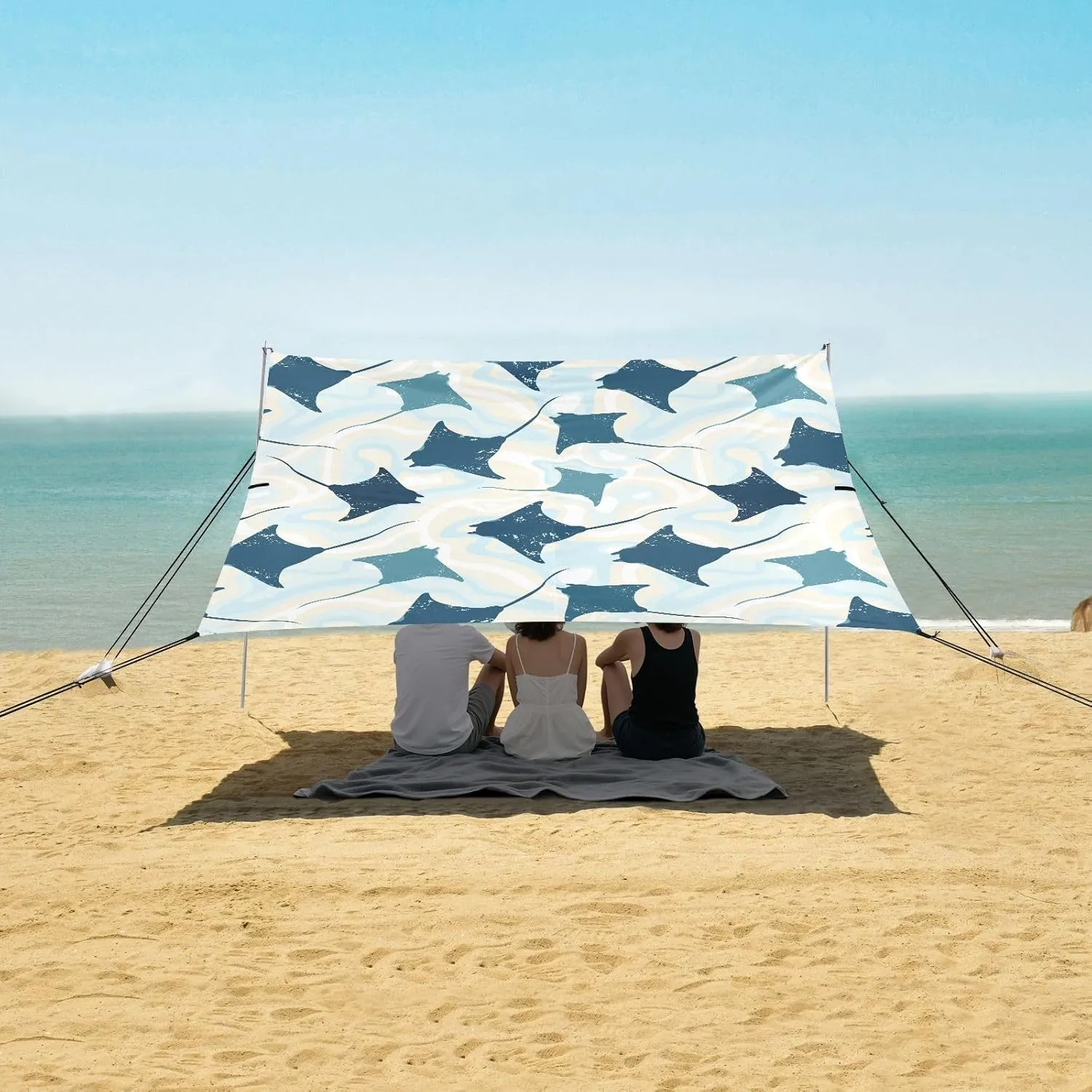 Manta Ray Fish Pattern Beach Canopy Tent Anti-UV & Wind Resistant, Camping Sun Shelter Easy Setup Portable,Outdoor Shade Tents with Sandbags,Sand Shovels,Ground Pegs & Stability Poles
