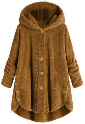 MARSVOVO Women's Winter Warm Sherpa Lined Jackets Plus Size Hooded Faux Suede Long Sleeve Horn Buckle Coats with Pockets