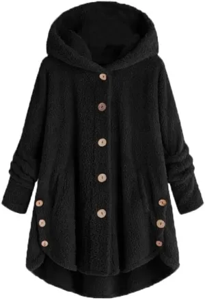 MARSVOVO Women's Winter Warm Sherpa Lined Jackets Plus Size Hooded Faux Suede Long Sleeve Horn Buckle Coats with Pockets