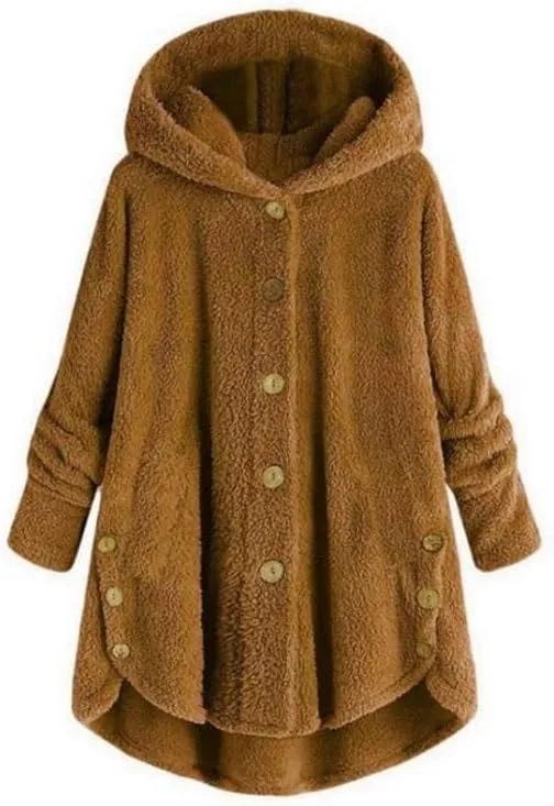 MARSVOVO Women's Winter Warm Sherpa Lined Jackets Plus Size Hooded Faux Suede Long Sleeve Horn Buckle Coats with Pockets