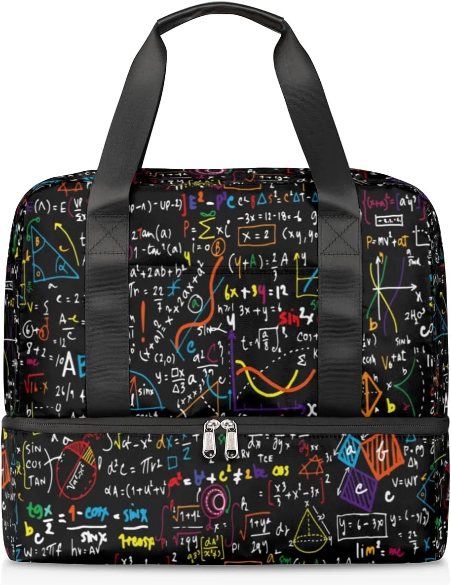 Math Formula Pattern Travel Bag Double Tier Zip Closure Weekender Bag with Leather Handle Waterproof Sports Tote Gym Bag for Swim Beach Gym Yoga