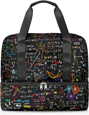 Math Formula Pattern Travel Bag Double Tier Zip Closure Weekender Bag with Leather Handle Waterproof Sports Tote Gym Bag for Swim Beach Gym Yoga