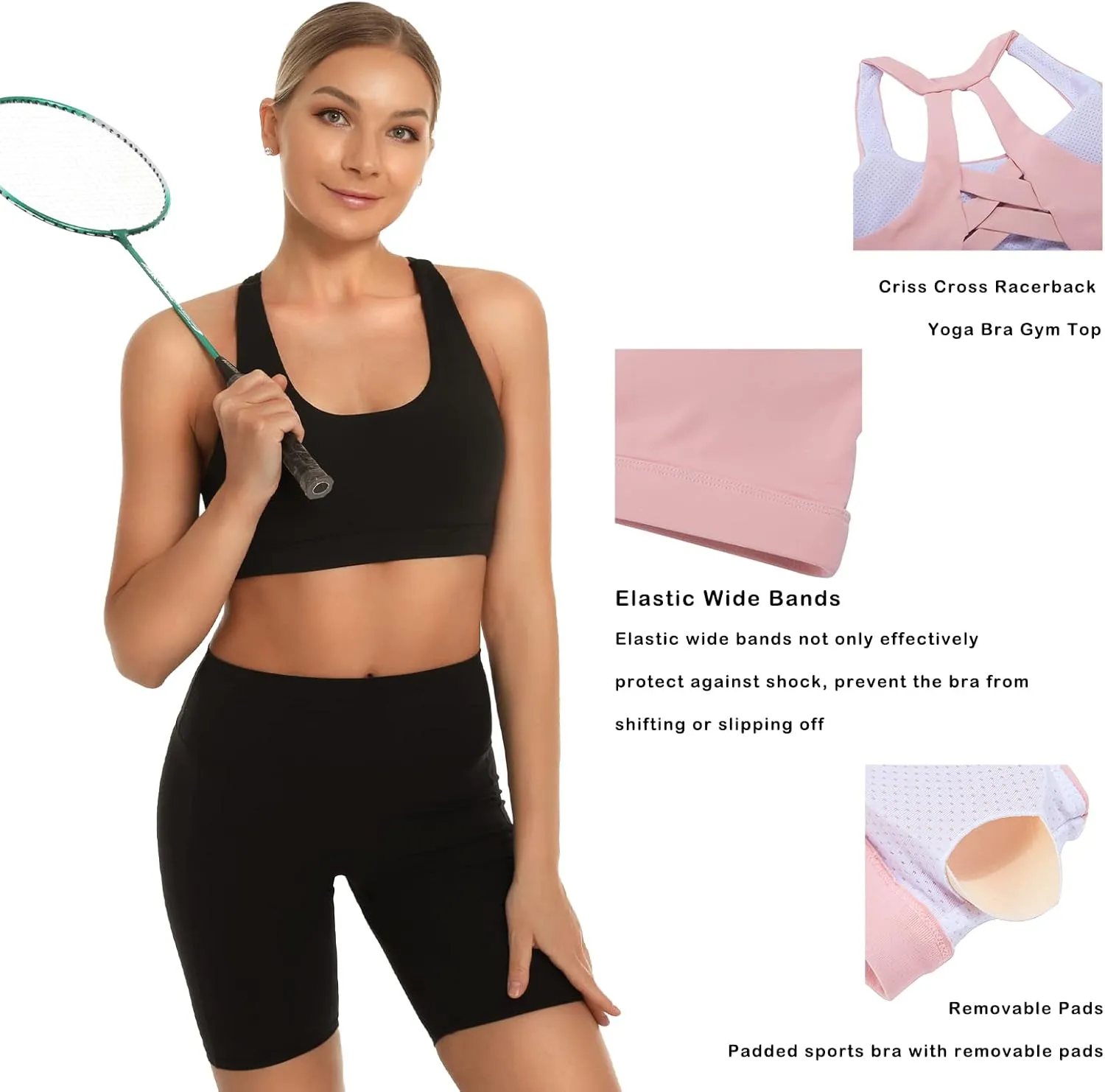 MATHACINO Sports Bra for Women, Criss Cross Racerback Yoga Bra Gym Top Workout Bra with Removable Pad Medium Support