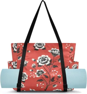 MCHIVER Carol Red Floral Yoga Bag for Women Men Large Yoga Mat Bag with Adjustable Strap Gym Bag Carrier for Pilates Workout Exercise