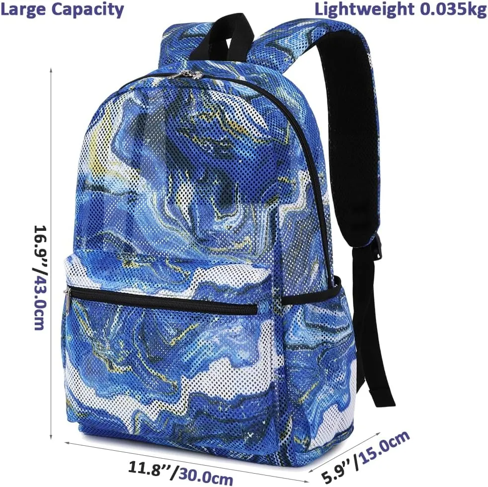 Meisohua Mesh Backpack for Boys and Girls - Marble Blue Middle School 2 in 1 Set See Through Casual Backpack for Teens