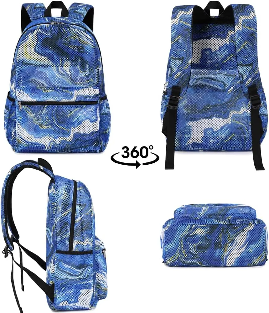 Meisohua Mesh Backpack for Boys and Girls - Marble Blue Middle School 2 in 1 Set See Through Casual Backpack for Teens