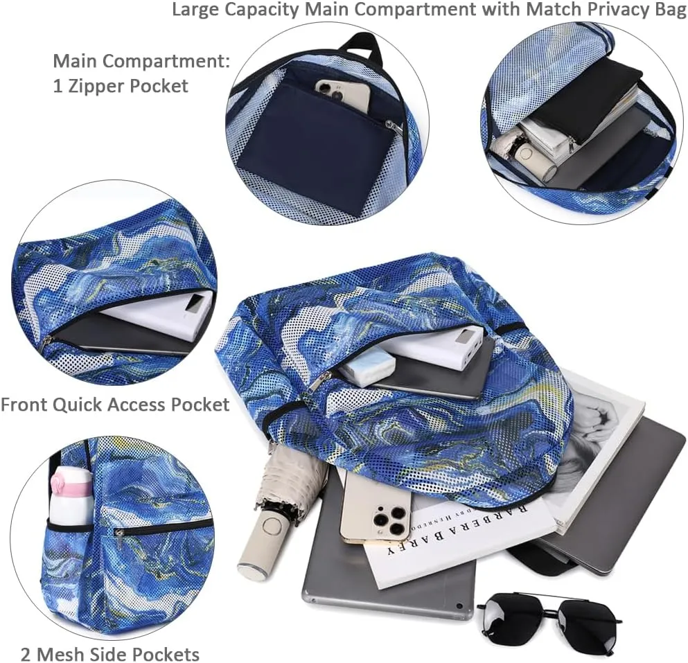 Meisohua Mesh Backpack for Boys and Girls - Marble Blue Middle School 2 in 1 Set See Through Casual Backpack for Teens