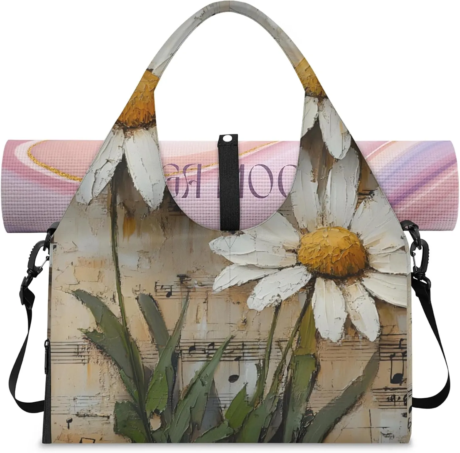 Melodic Daisy Tote Bag for Women with Zipper, Gym Tote with Compartments, Work Tote Nurse Dance Yoga Bag for Sport, Travel