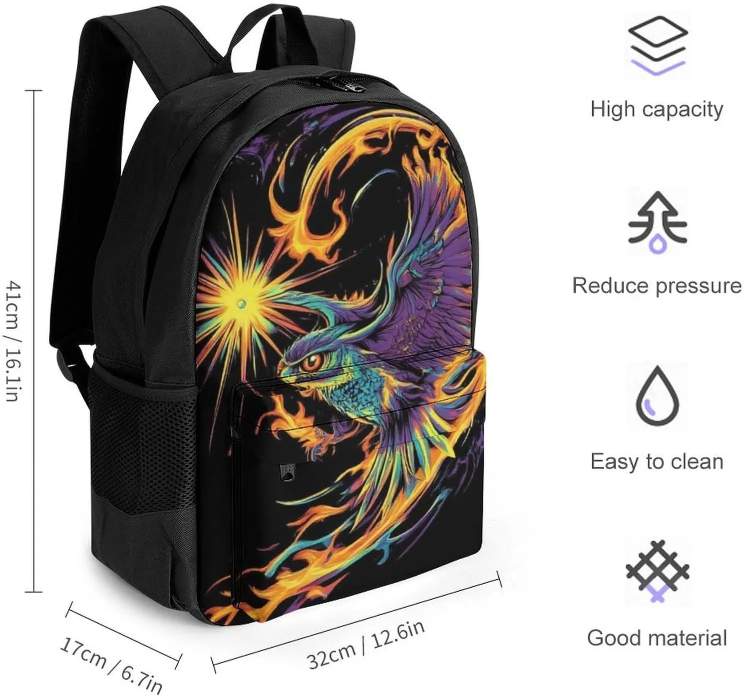 Men & Women Lightweight Abstract Flame Owl Fire Art Casual Daypack Large Capacity Bookbag With Adjustable Shoulder Straps for Gym Business Bicycle
