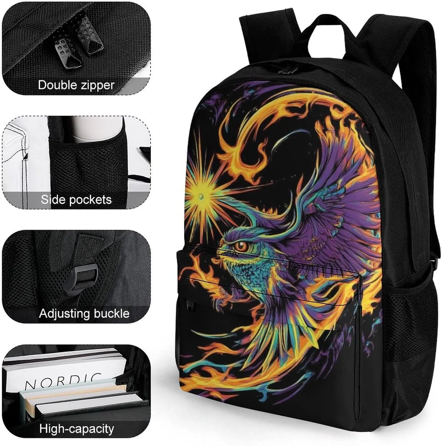 Men & Women Lightweight Abstract Flame Owl Fire Art Casual Daypack Large Capacity Bookbag With Adjustable Shoulder Straps for Gym Business Bicycle