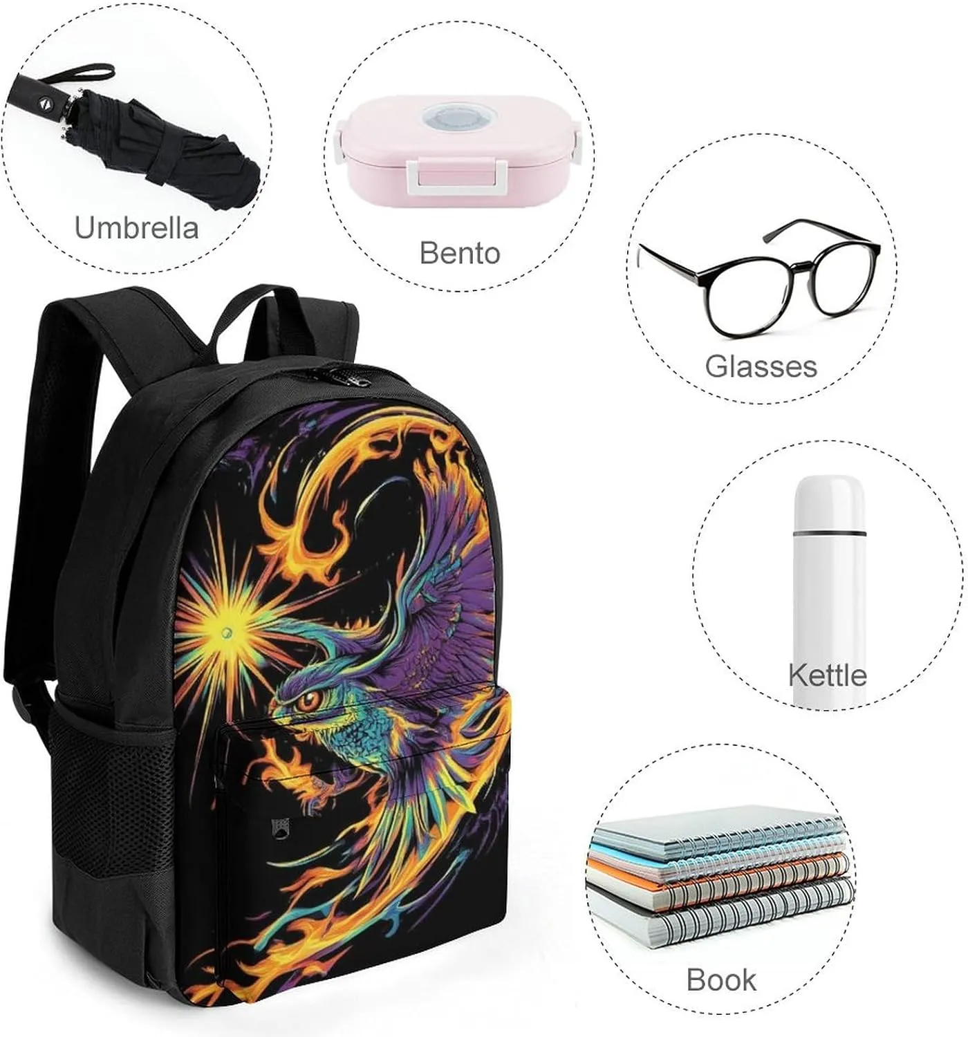 Men & Women Lightweight Abstract Flame Owl Fire Art Casual Daypack Large Capacity Bookbag With Adjustable Shoulder Straps for Gym Business Bicycle