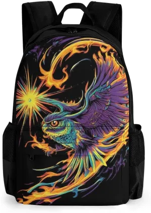 Men & Women Lightweight Abstract Flame Owl Fire Art Casual Daypack Large Capacity Bookbag With Adjustable Shoulder Straps for Gym Business Bicycle