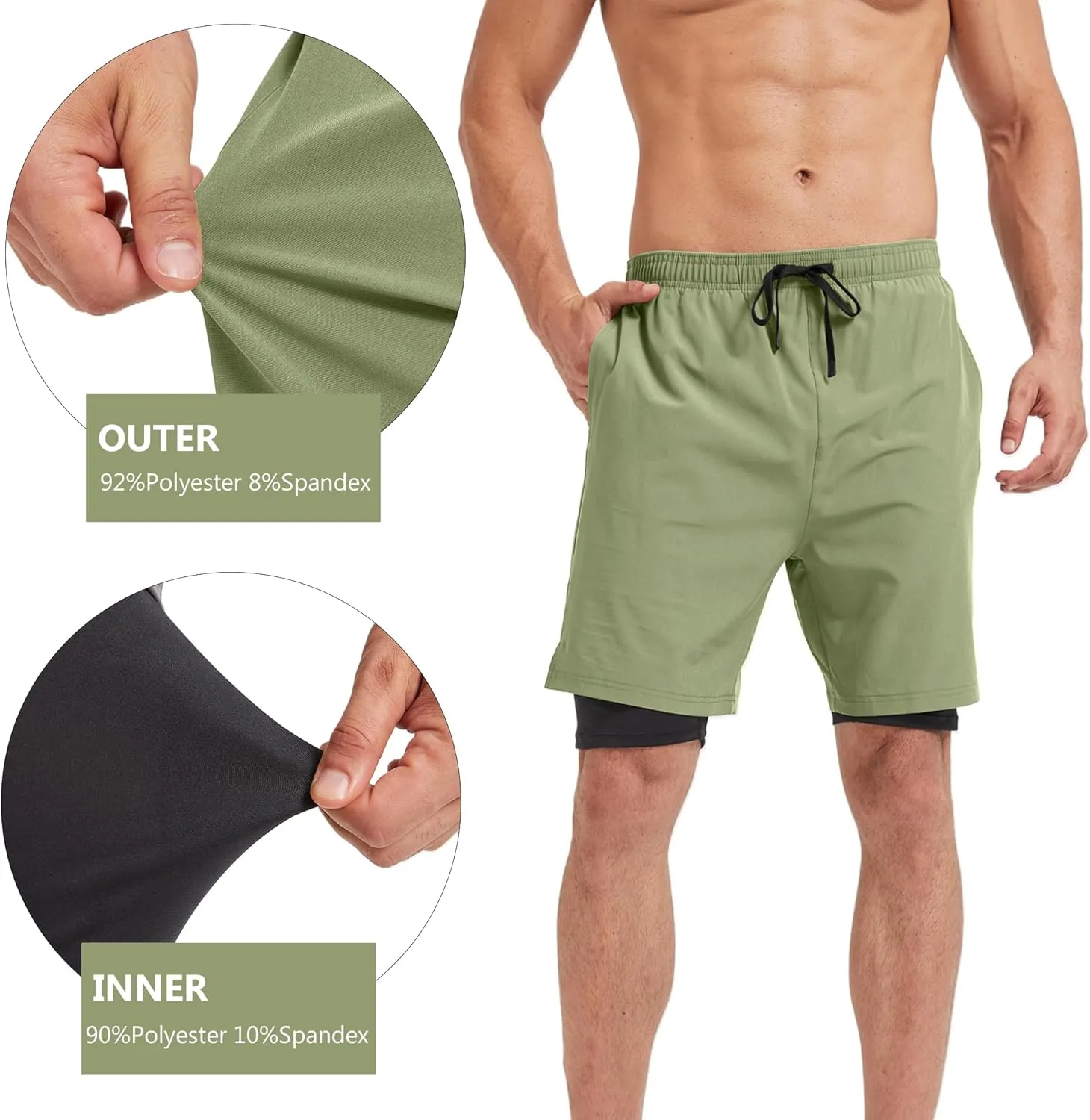 Men's 2-in-1 Athletic Running Shorts 7" Dry Fit Workout Gym Outdoor Sports Wear with Multiple Pockets Training Short