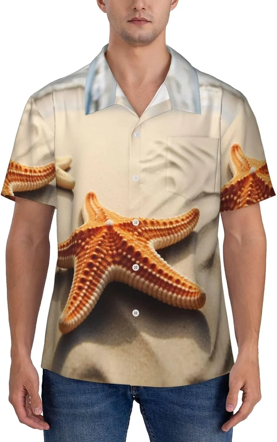 Men's Hawaiian Shirt Starfish On The Sand Beach Landscape Short Sleeve Button Down Tropical Holiday Beach Vacation Shirt