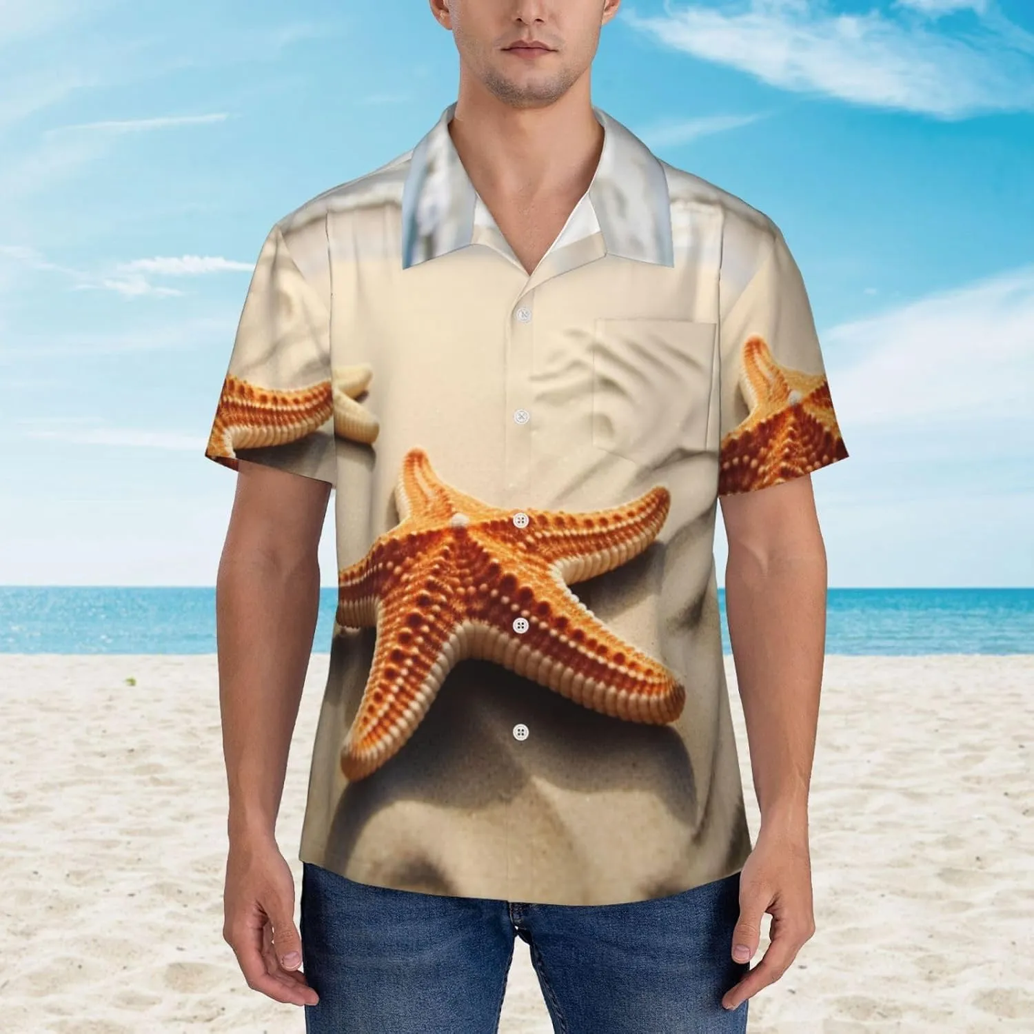 Men's Hawaiian Shirt Starfish On The Sand Beach Landscape Short Sleeve Button Down Tropical Holiday Beach Vacation Shirt