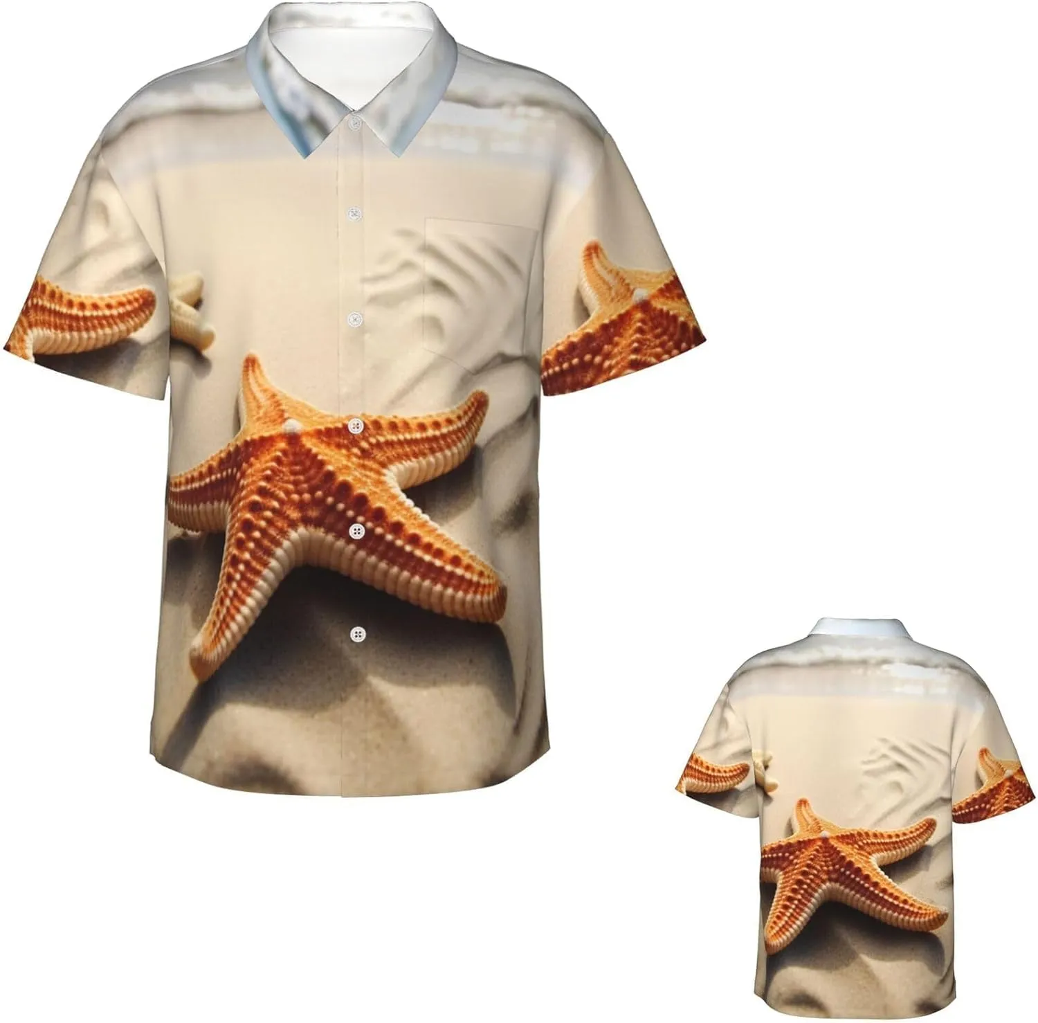 Men's Hawaiian Shirt Starfish On The Sand Beach Landscape Short Sleeve Button Down Tropical Holiday Beach Vacation Shirt