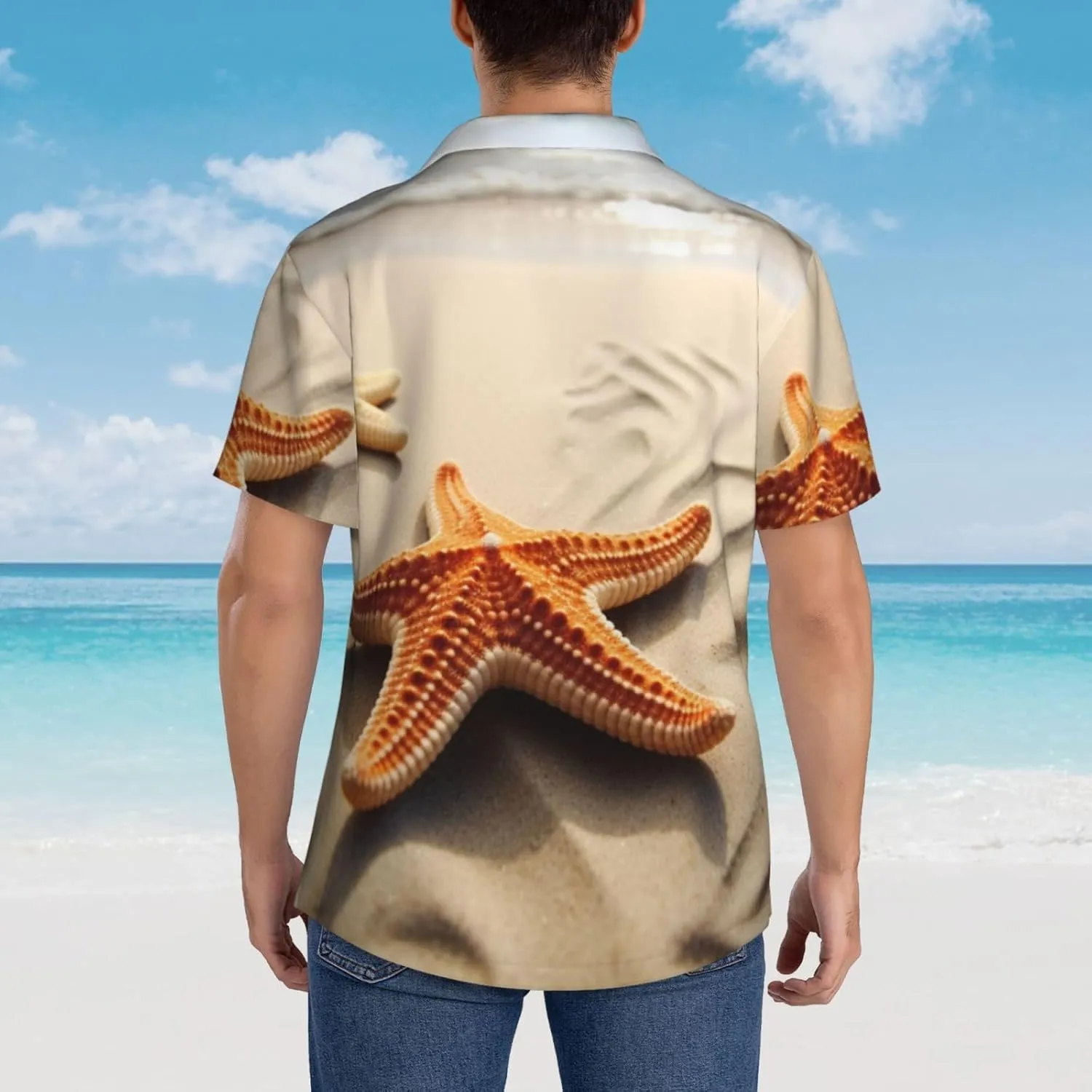 Men's Hawaiian Shirt Starfish On The Sand Beach Landscape Short Sleeve Button Down Tropical Holiday Beach Vacation Shirt