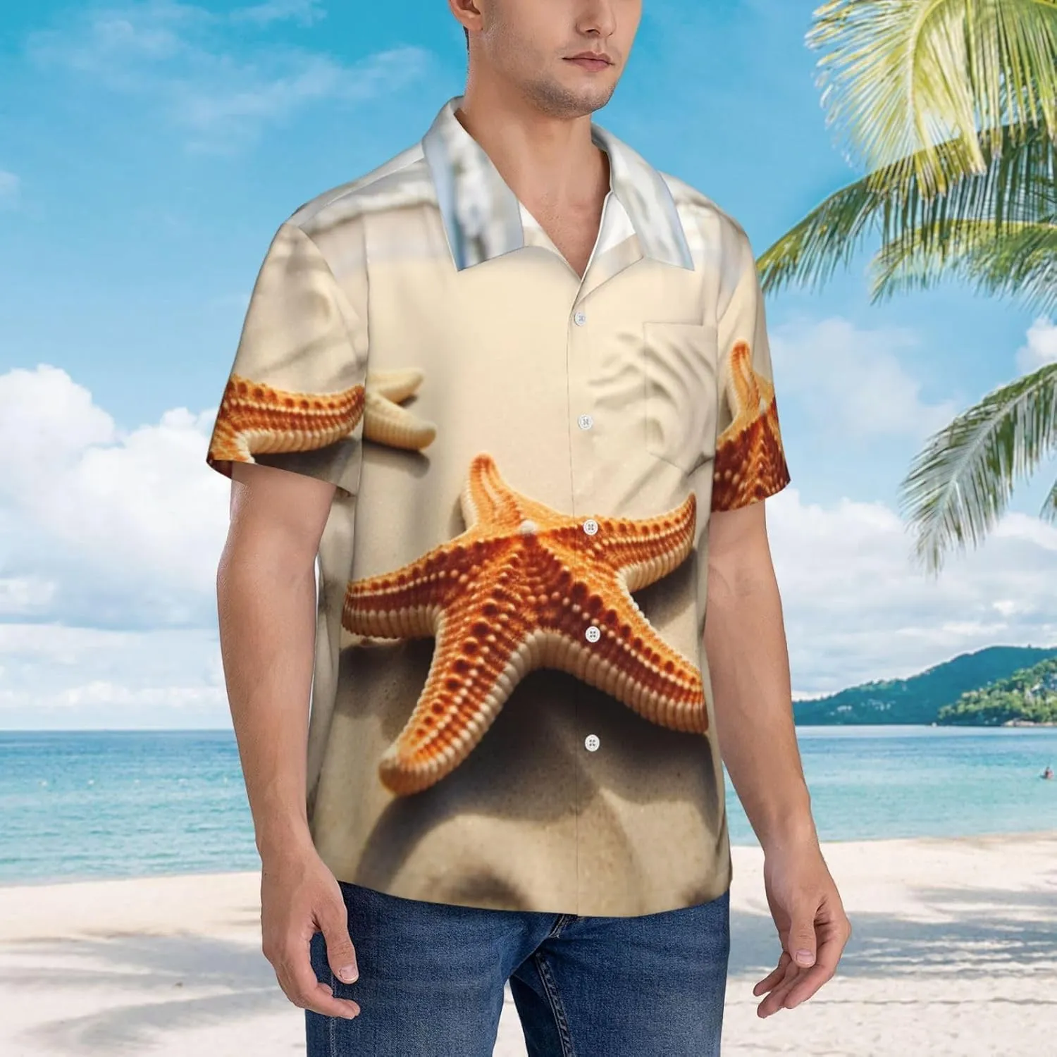 Men's Hawaiian Shirt Starfish On The Sand Beach Landscape Short Sleeve Button Down Tropical Holiday Beach Vacation Shirt