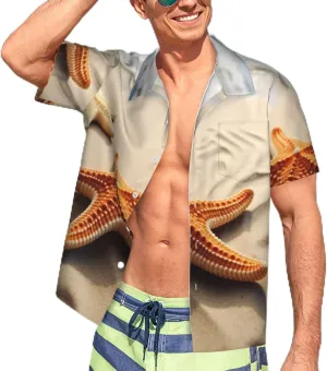 Men's Hawaiian Shirt Starfish On The Sand Beach Landscape Short Sleeve Button Down Tropical Holiday Beach Vacation Shirt