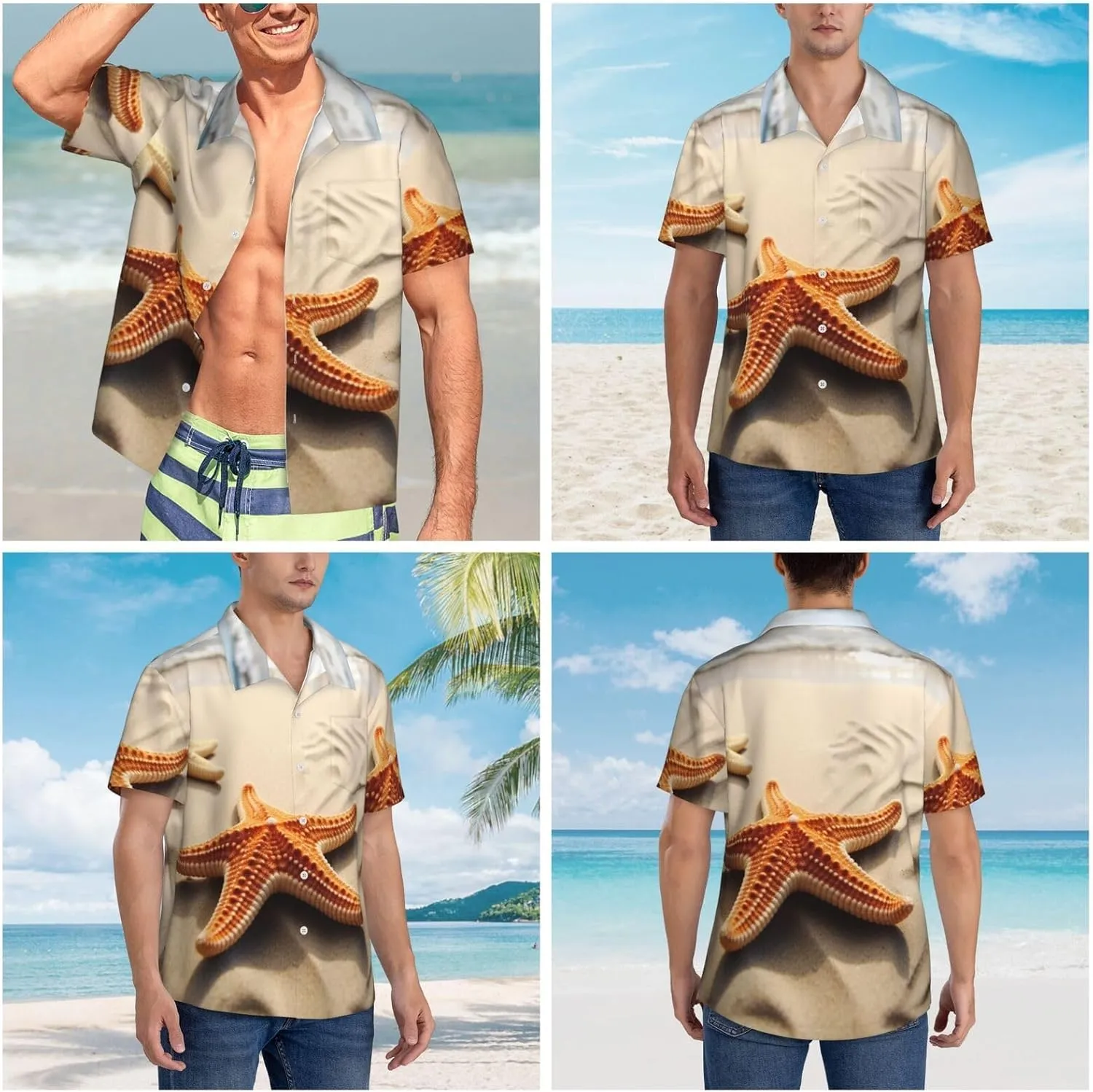 Men's Hawaiian Shirt Starfish On The Sand Beach Landscape Short Sleeve Button Down Tropical Holiday Beach Vacation Shirt