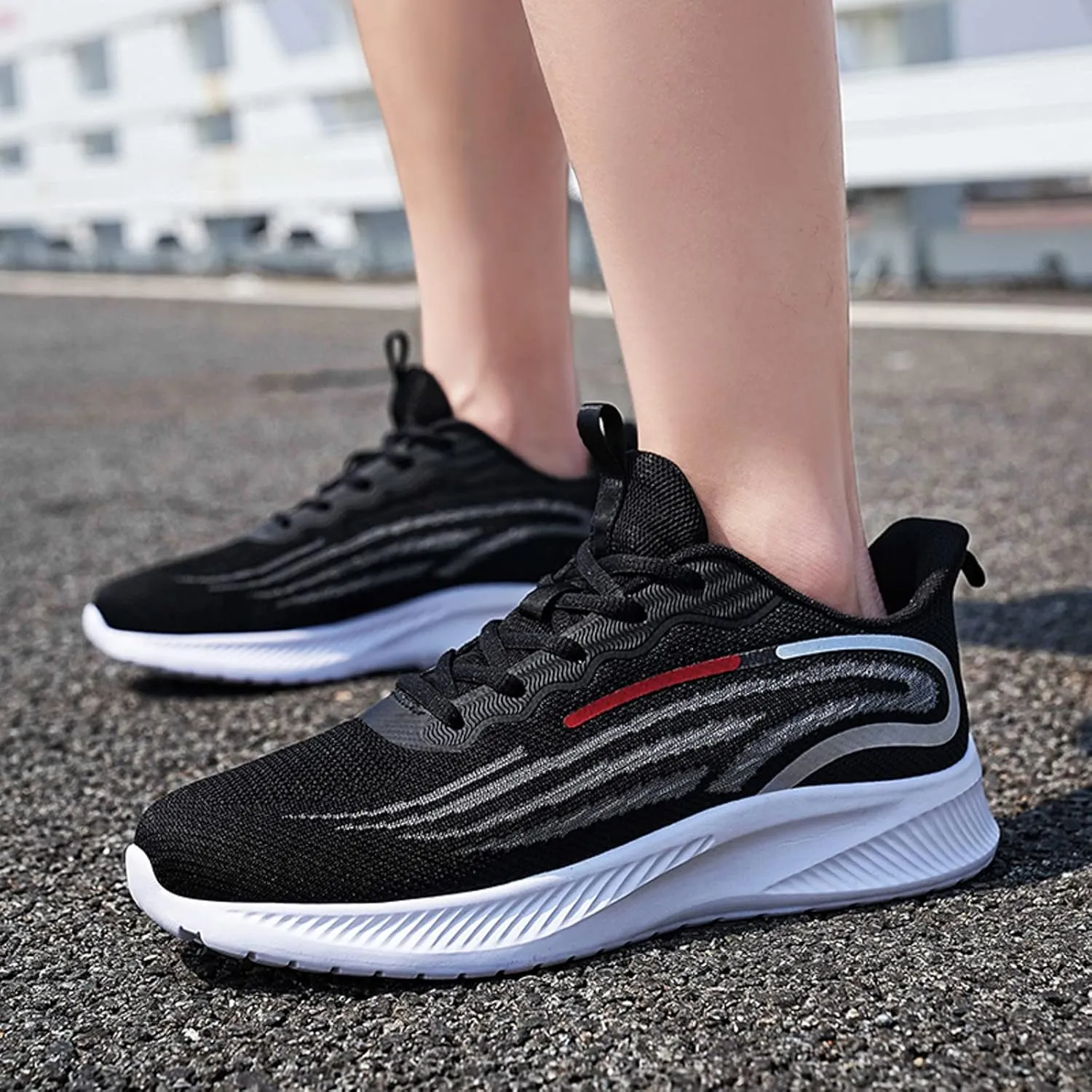Mens Non Slip Arch Support Walking Sneakers Lightweight Breathable Mesh Slip on Cushion Running Shoes Athletic Gym Tennis Shoes for Men All Day Comfort Work Footwear Black
