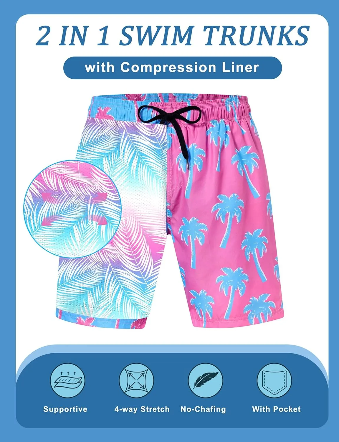 Mens Swim Trunks with Compression Liner 5.5" Inseam Quick Dry Swimsuit Shorts S-XXL