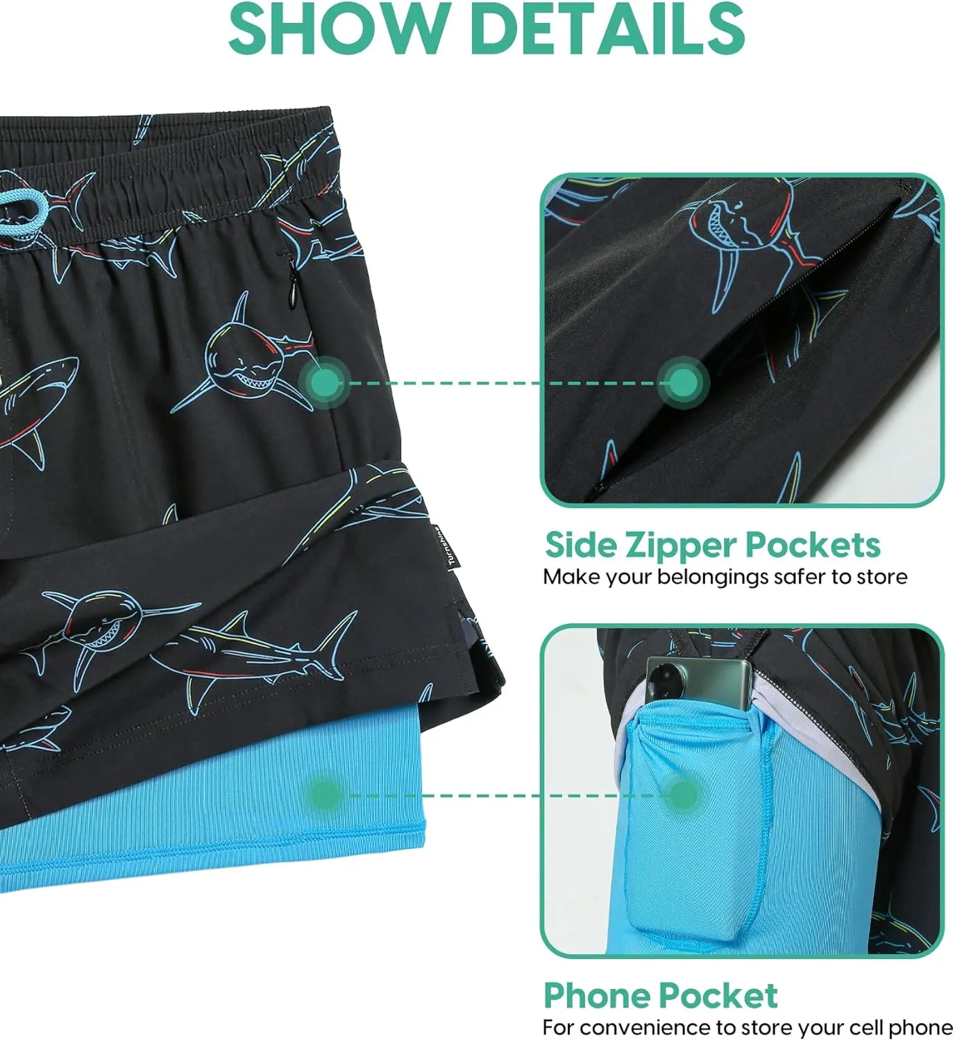 Mens Swim Trunks with Compression Liner Stretch 7" Bathing Suit Beach Shorts