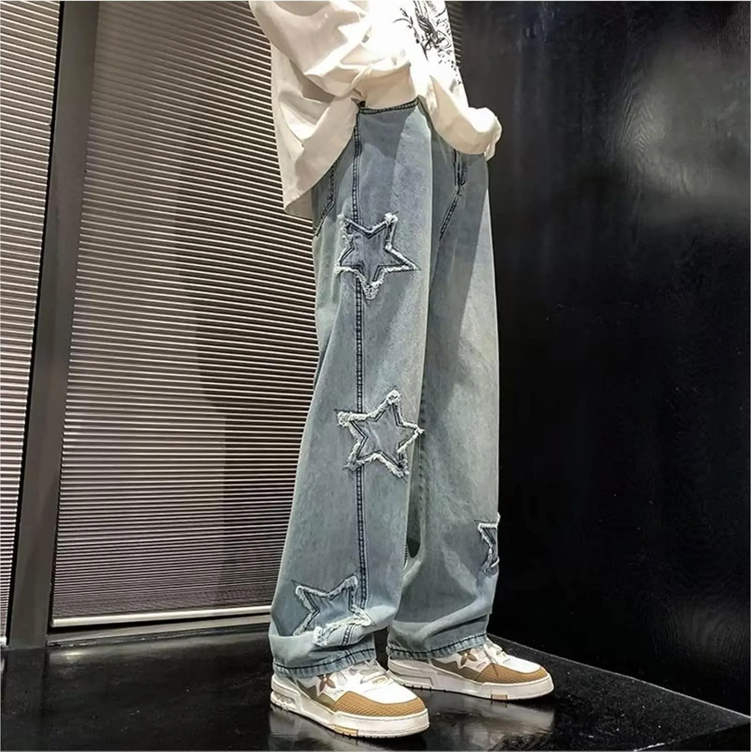 Men's Y2K Jeans Vintage Hip Hop Style Baggy Denim Star Pants Loose Fit Straight Trousers