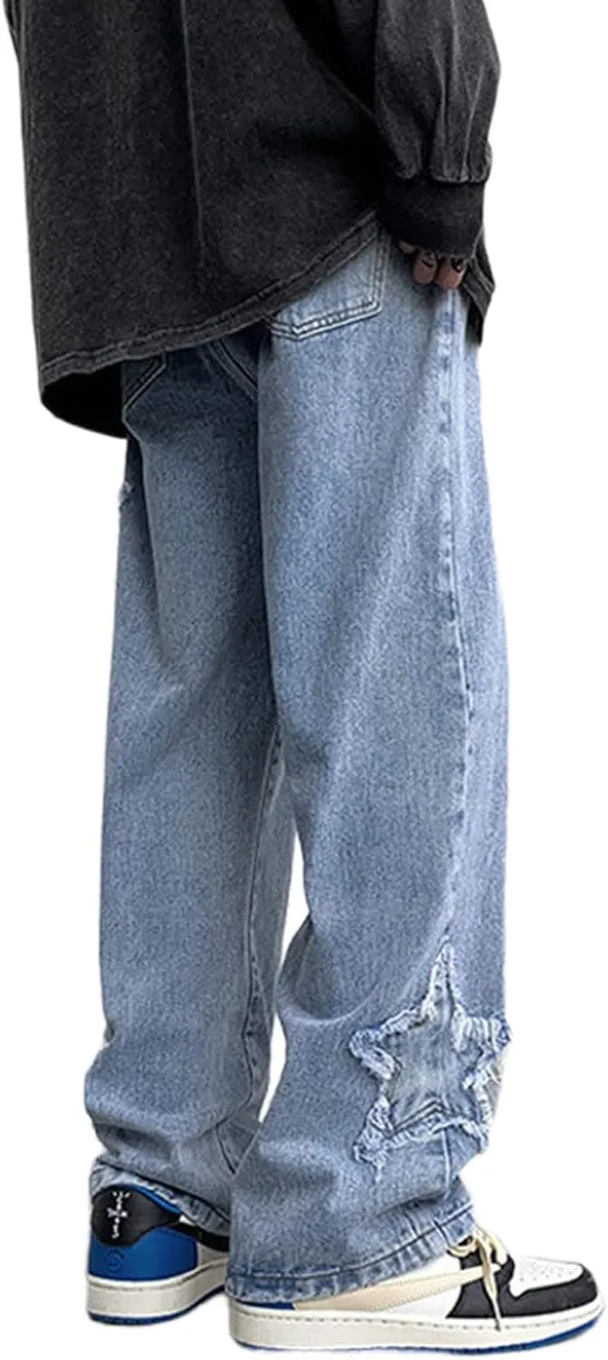 Men's Y2K Jeans Vintage Hip Hop Style Baggy Denim Star Pants Loose Fit Straight Trousers