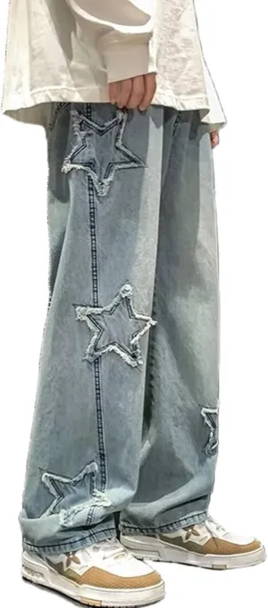 Men's Y2K Jeans Vintage Hip Hop Style Baggy Denim Star Pants Loose Fit Straight Trousers