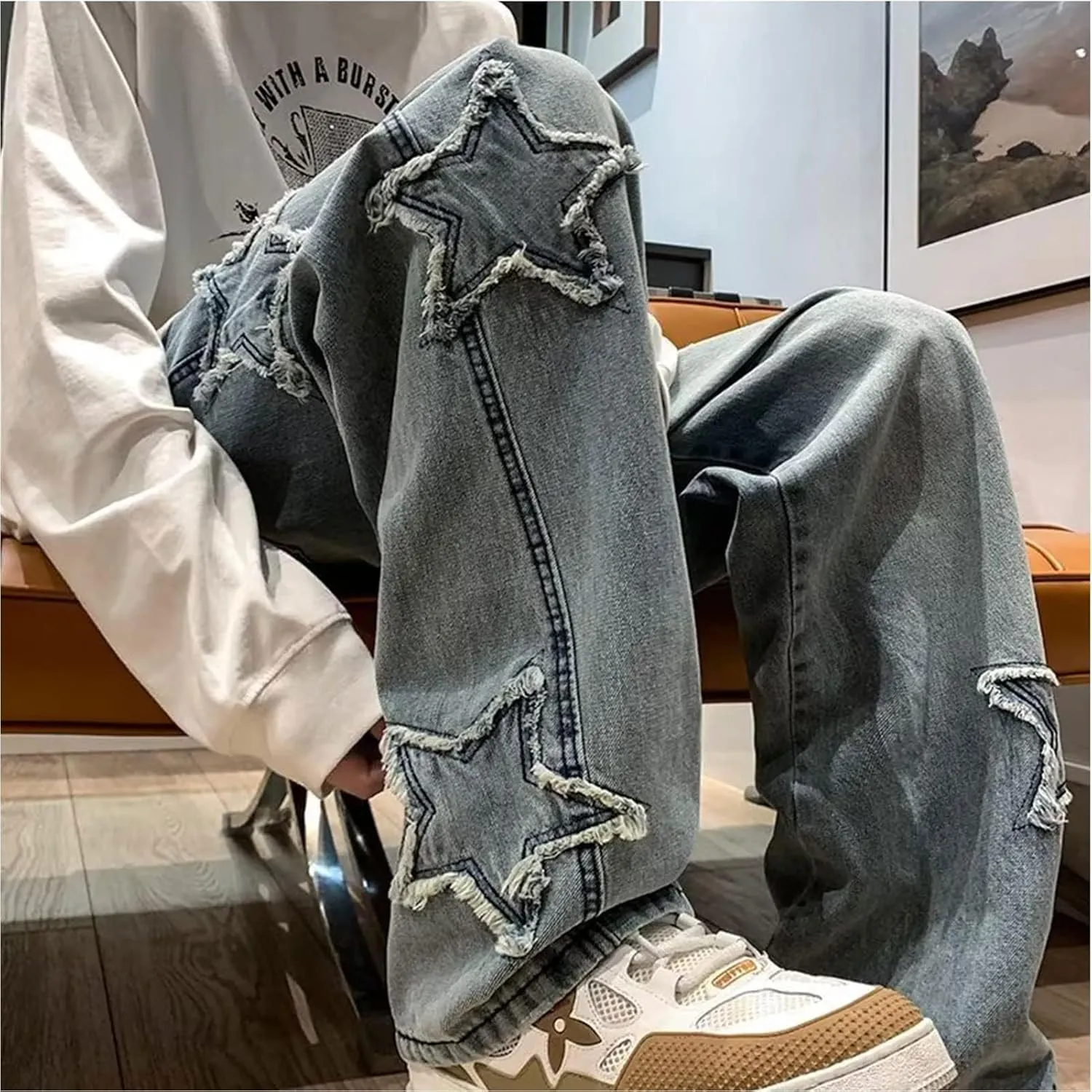 Men's Y2K Jeans Vintage Hip Hop Style Baggy Denim Star Pants Loose Fit Straight Trousers