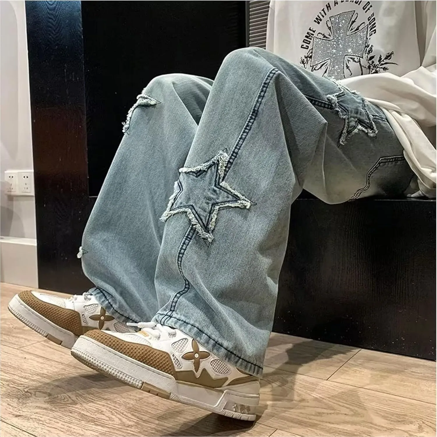 Men's Y2K Jeans Vintage Hip Hop Style Baggy Denim Star Pants Loose Fit Straight Trousers