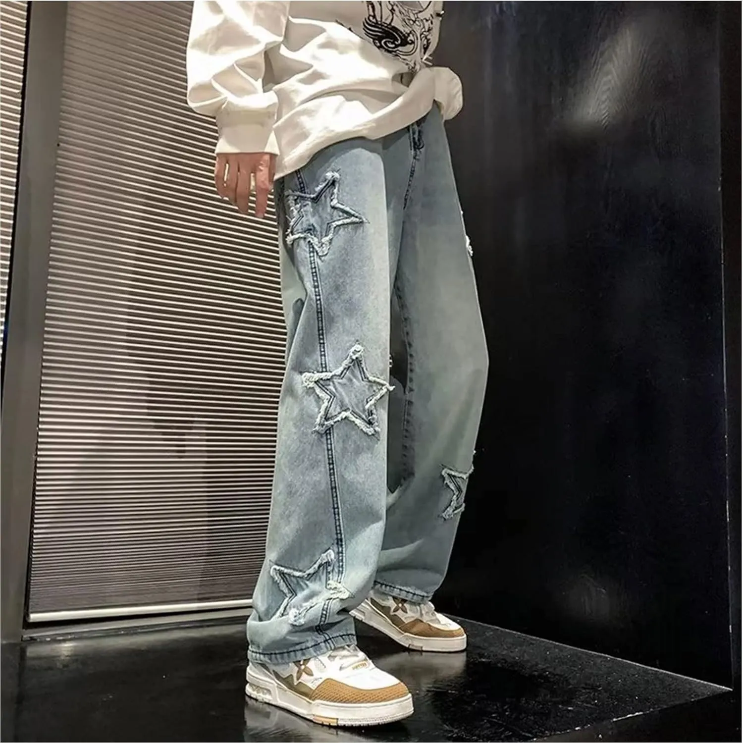 Men's Y2K Jeans Vintage Hip Hop Style Baggy Denim Star Pants Loose Fit Straight Trousers